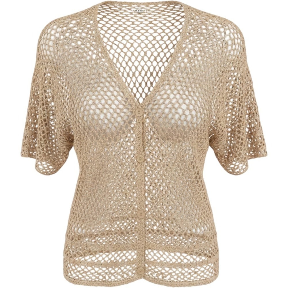Teddi Vintage Crochet Cardigan Tan Beige Open Knit Short Sleeve Boho Top